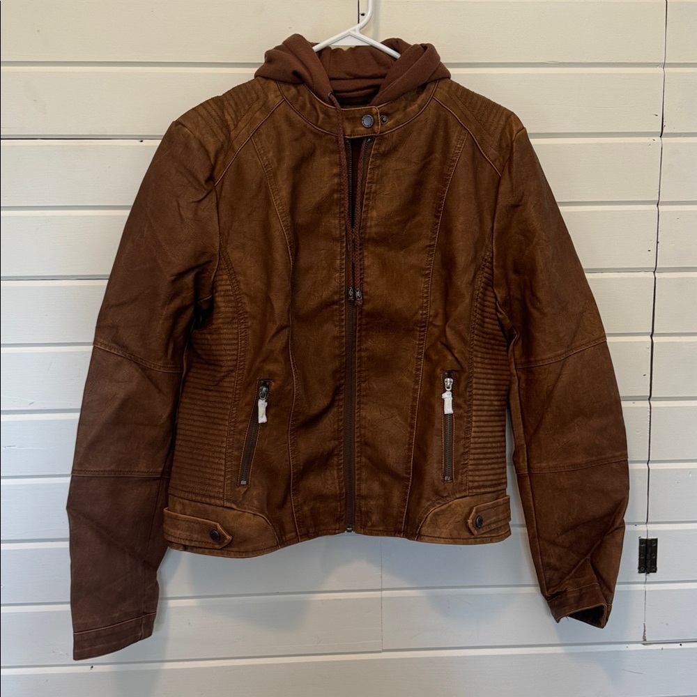 NWT - Lock & Love Brown Faux Leather Jacket with Hoodie